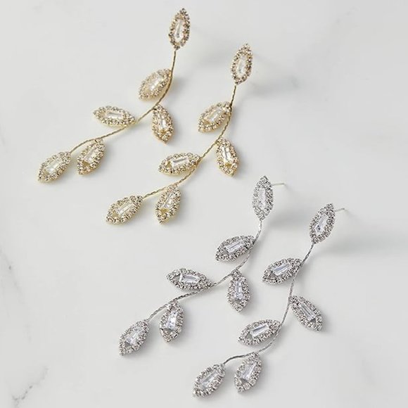 Pink Crystal Leaves Pave Rhinestone Gold Earrings Leaf Vine Long Bridesmaids - Picture 8 of 8